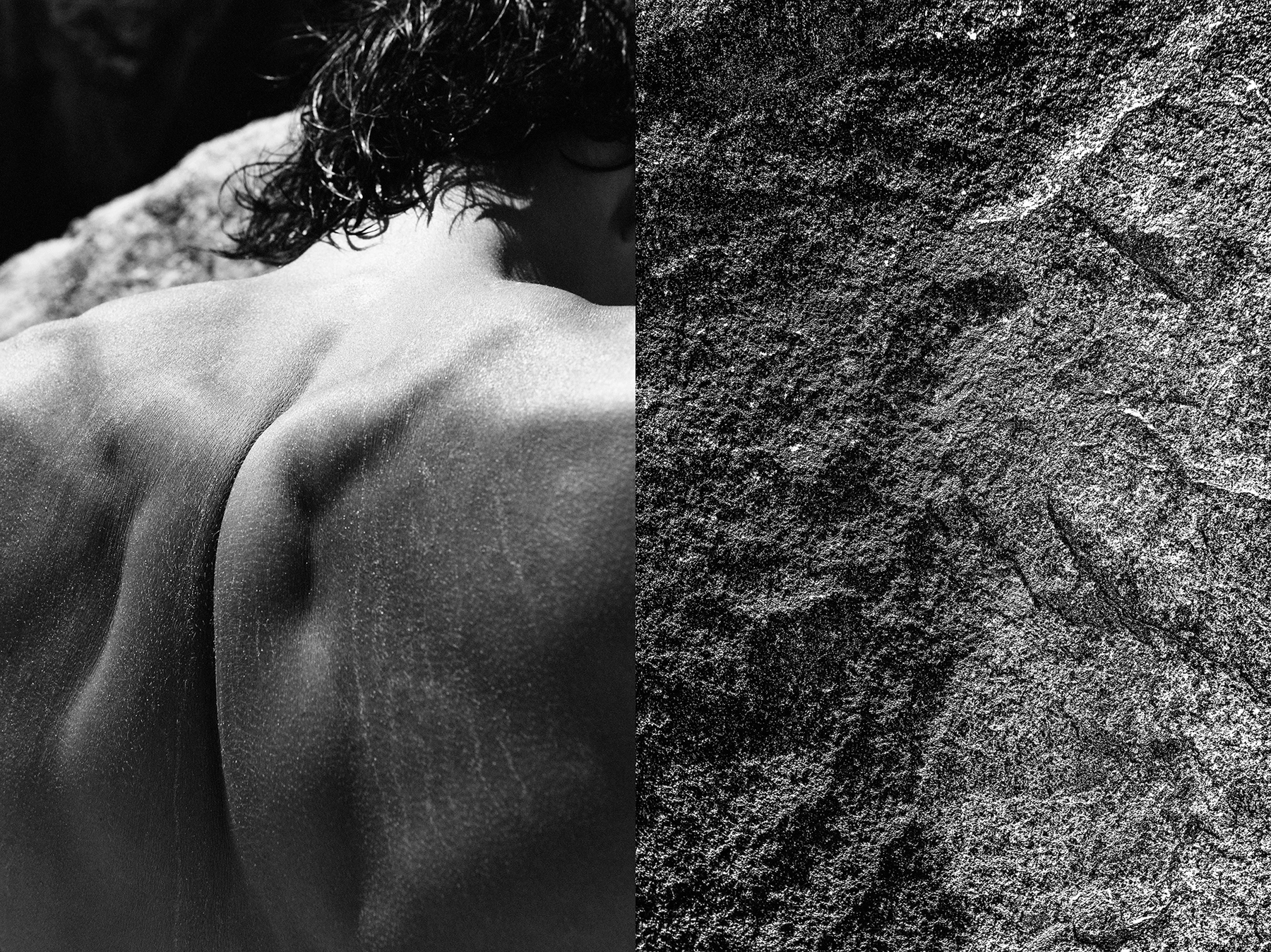 Black and white diptych of bare back juxtaposed against rock texture for The Fashionisto