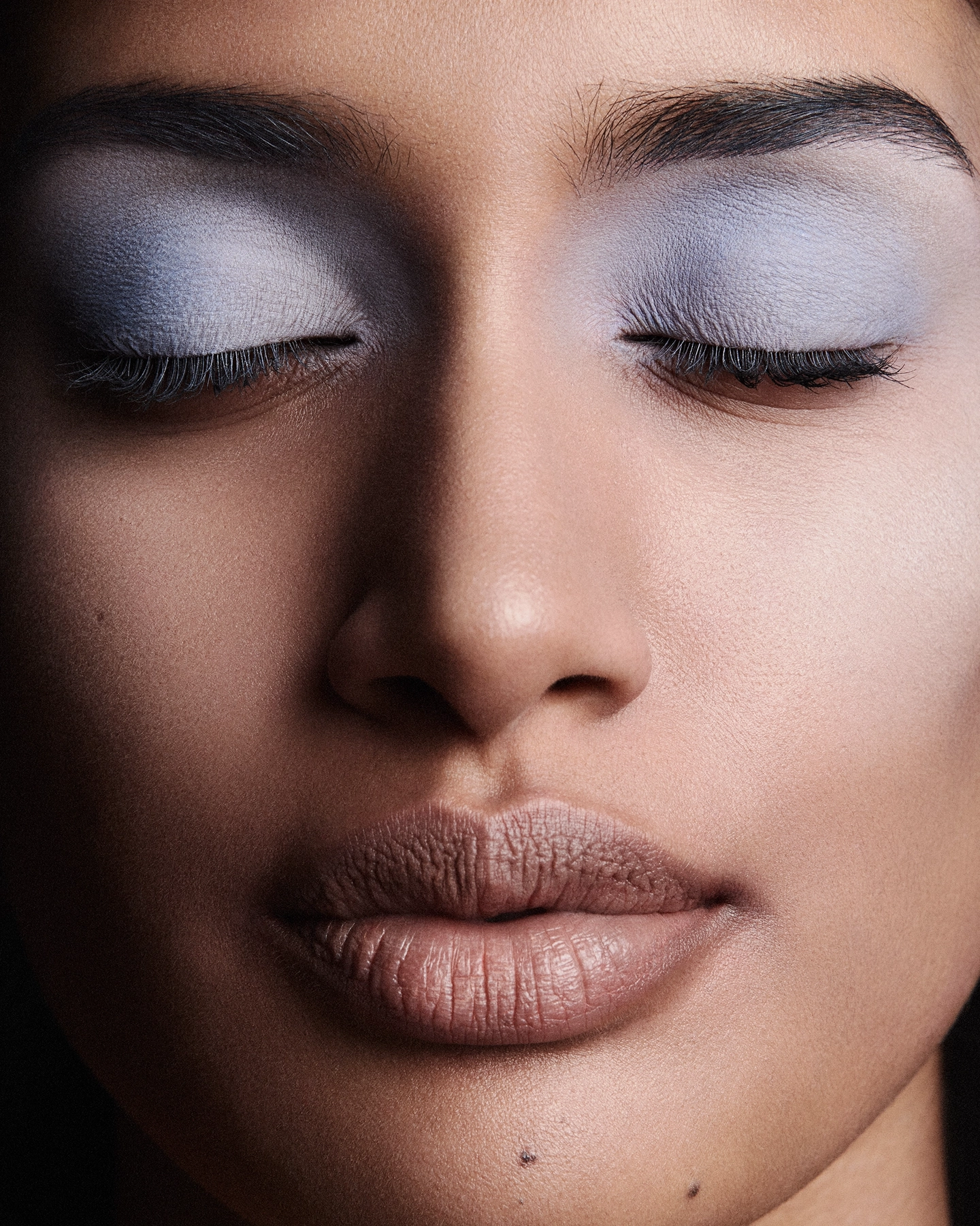 Close-up beauty portrait with closed eyes and soft blue-grey eyeshadow on luminous skin
